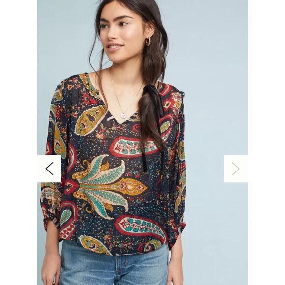 ANTHROPOLOGIE Top Size XS Velvet by Graham & Spencer Paisley Print Knit Blouse - Picture 4 of 12